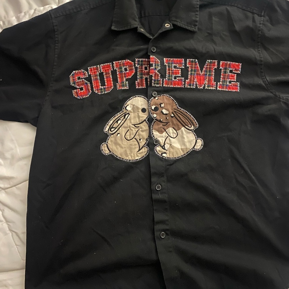Supreme Black Button-Up Shirt with Red Plaid Logo and Beige & Brown Bunny Patch